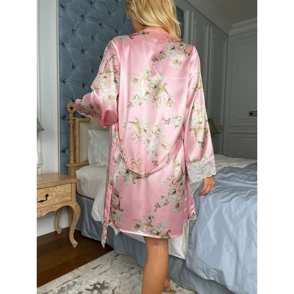 Womens XS Pink Floral Print Silky Satin Elegant Robe Long Sleeve Lace Bathrobe